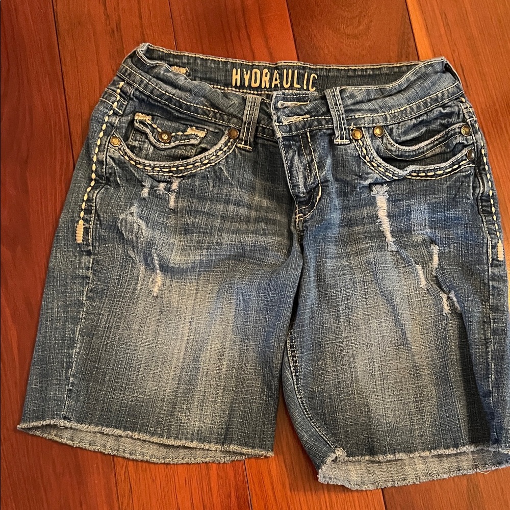 Hydraulic Women's Distressed Blue Denim Jean Shorts with Braided Trim
